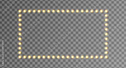 Light gold frame. Glitter luxury decoration. Golden bulb border. Lamp rectangle banner. Retro neon wall billboard. Cinema, casino design. Mirror background. Vector illustration