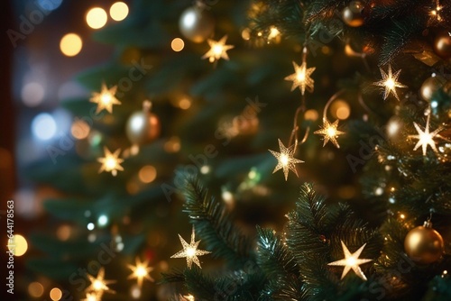 Beautiful Decorated Christmas tree  Abstract bokeh background. Christmas eve concept.