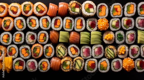 close-up of sushi rolls on the table, sushi rolls set, sushi background, set of sushi rolls, seafood set, designed shushi rolls