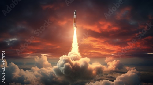 A rocket launching into the sky with clouds