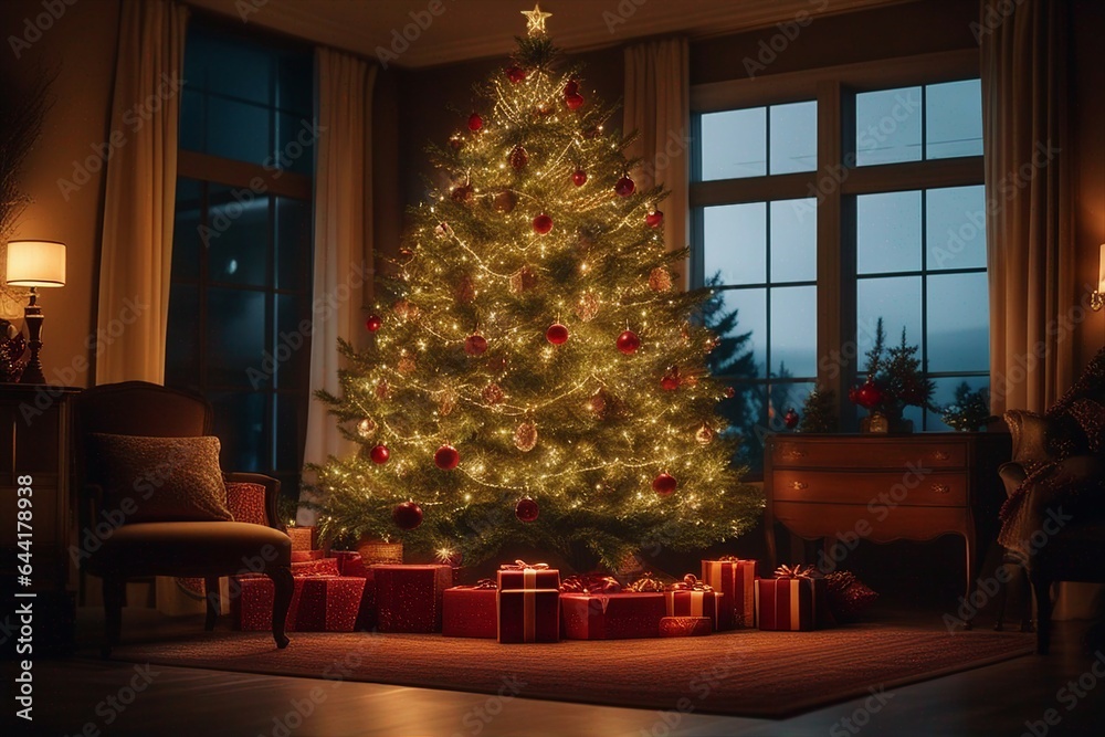 Beautiful Decorated Christmas tree in the house, Abstract bokeh background. Christmas eve concept. Beautiful Decorated Christmas tree in the house, Abstract bokeh background. Christmas eve concept.