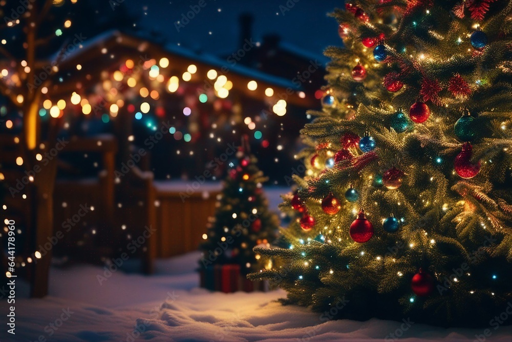 Beautiful Decorated Christmas tree, Abstract bokeh background. Christmas eve concept. Beautiful Decorated Christmas tree, Abstract bokeh background. Christmas eve concept.