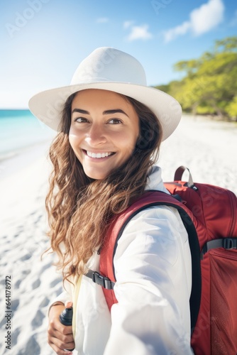 Happy traveler woman with b...
