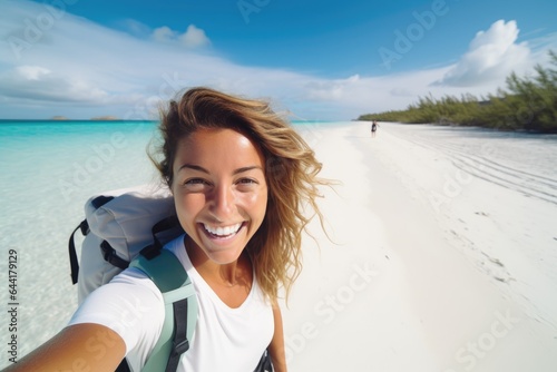 Happy traveler woman with b...