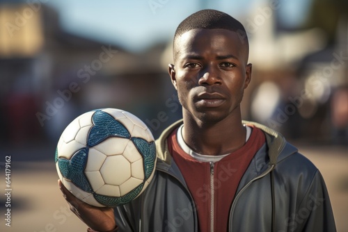 Portrait of an African man with a soccer ball.