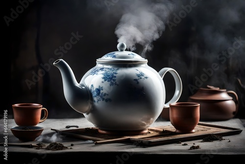 Produce an exquisite portrayal of a porcelain teapot with steam rising. 
