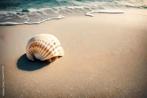 Generate an elegant image of a solitary seashell on a pristine beach.  © Imtisal