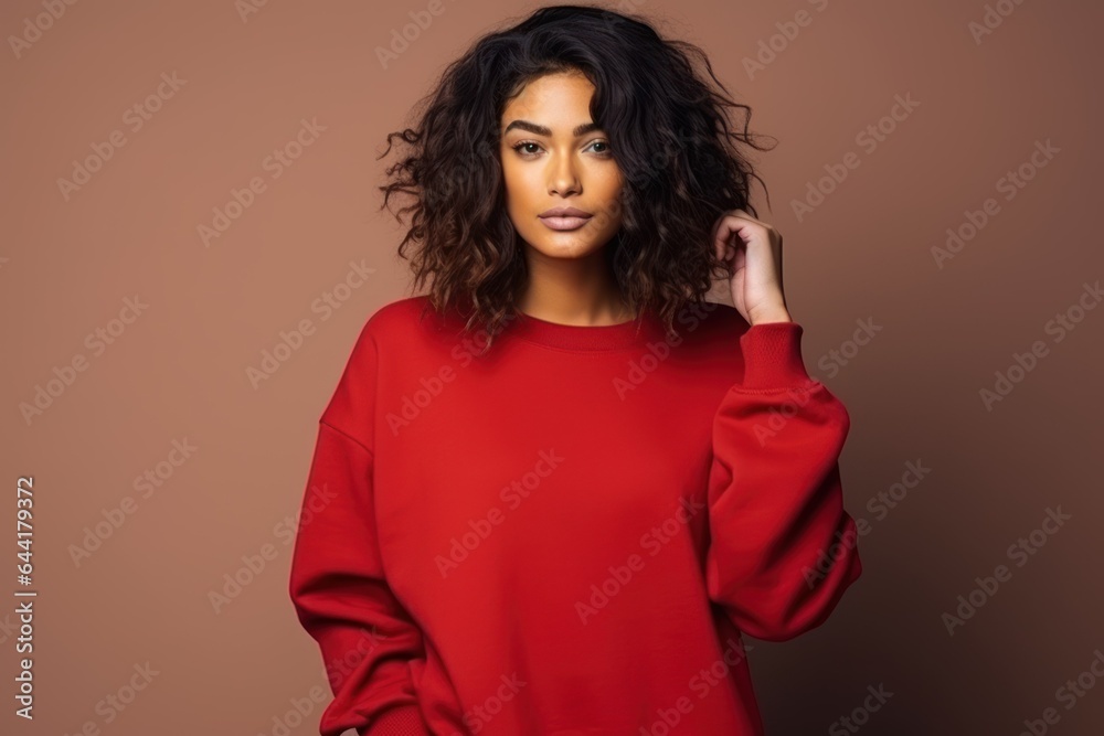 Portrait of a Fictional Model Wearing a Large Oversized Plain Sweatshirt Isolated on a Colored Blank Background. Generative AI. Portrait of a Fictional Model Wearing a Large Oversized Plain Sweatshirt Isolated on a Colored Blank Background. Generative AI.