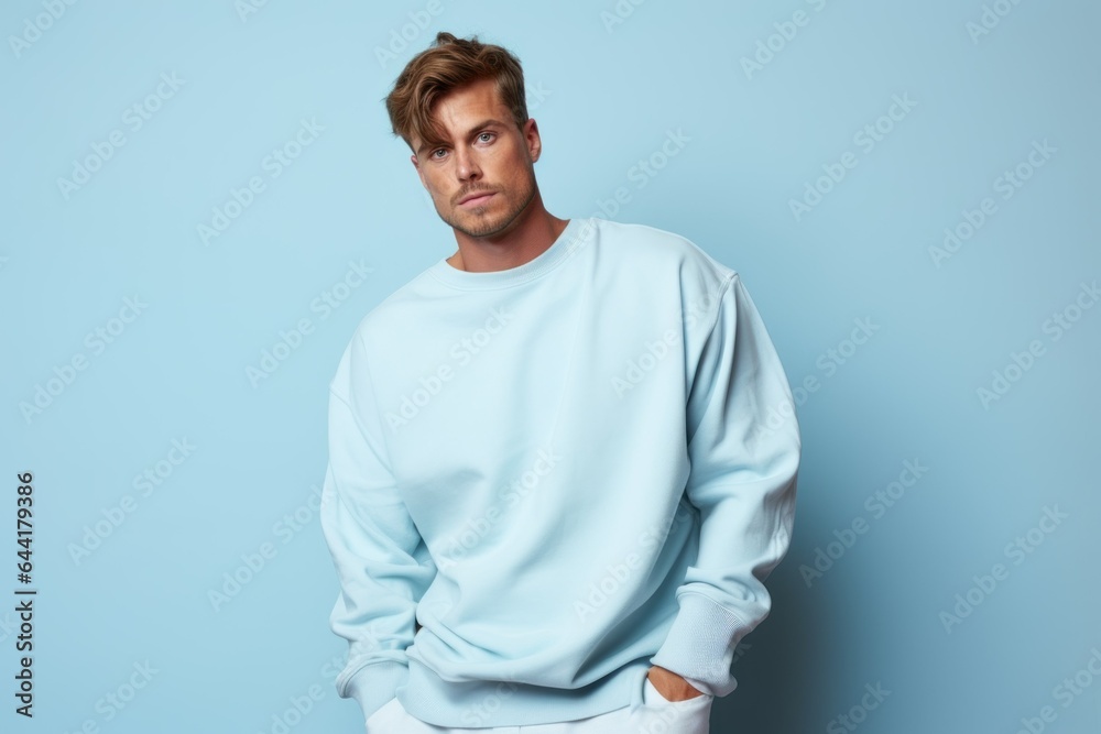 Portrait of a Fictional Model Wearing a Large Oversized Plain Sweatshirt Isolated on a Colored Blank Background. Generative AI. Portrait of a Fictional Model Wearing a Large Oversized Plain Sweatshirt Isolated on a Colored Blank Background. Generative AI.