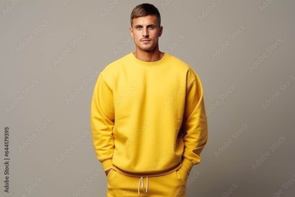 Portrait of a Fictional Model Wearing a Large Oversized Plain Sweatshirt Isolated on a Colored Blank Background. Generative AI. Portrait of a Fictional Model Wearing a Large Oversized Plain Sweatshirt Isolated on a Colored Blank Background. Generative AI.