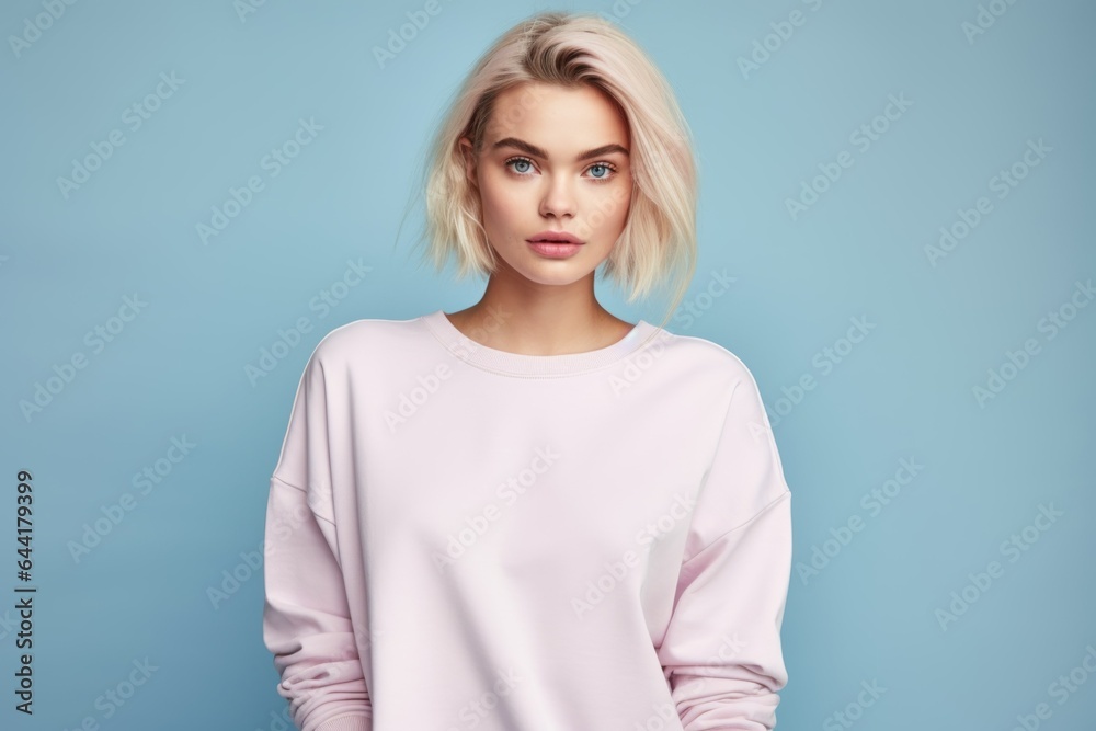 Fototapeta premium Portrait of a Fictional Model Wearing a Large Oversized Plain Sweatshirt Isolated on a Colored Blank Background. Generative AI.