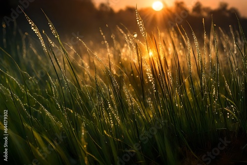 Craft an impeccable portrayal of a dew-kissed blade of grass at sunrise. 