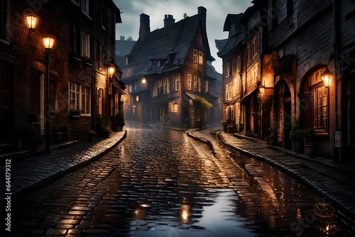 Design an enchanting picture of a rain-soaked cobblestone street at dusk. 
