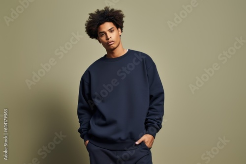 Portrait of a Fictional Model Wearing a Large Oversized Plain Sweatshirt Isolated on a Colored Blank Background. Generative AI.