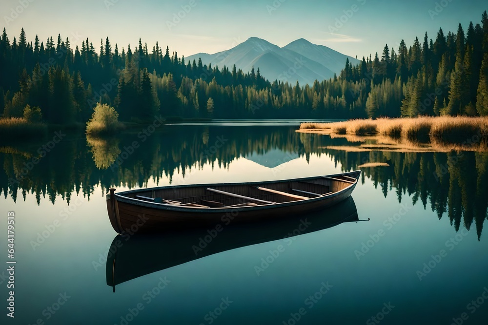 Craft a serene scene of a tranquil rowboat on a calm, reflective lake. 