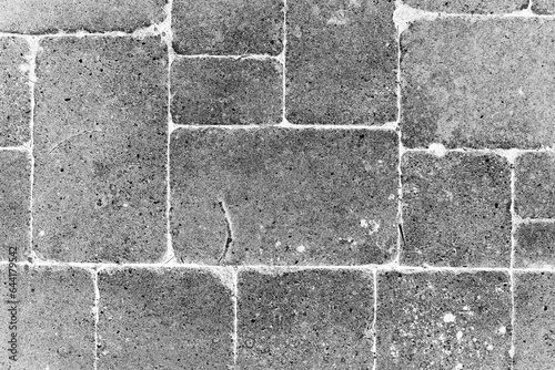 A black and white negative of the top view of a paved brick walkway.