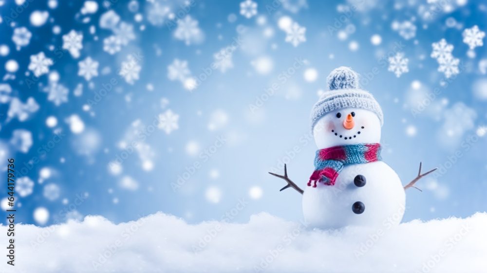 Funny snowman on Christmas holiday winter background, Merry Christmas and Happy Holidays wishes, generative ai