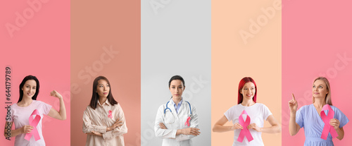 Set of women with pink ribb...