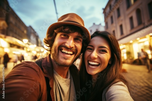 Smiling couple in love taking selfie. © Fotograf