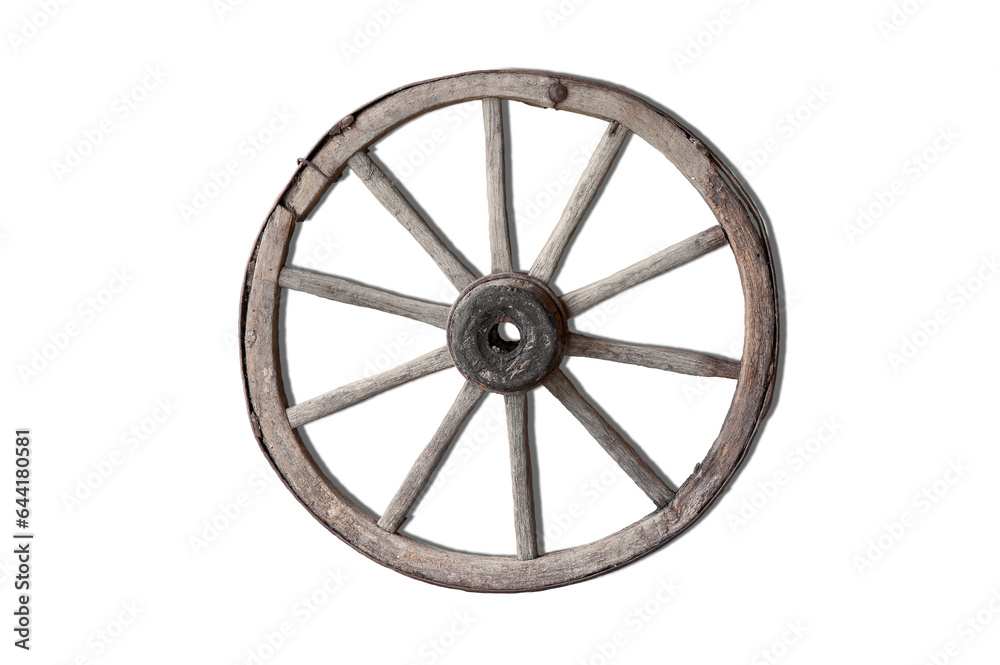 Old worn out one wooden wheel from a cart. PNG.