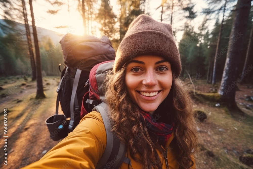 Happy female tourist with backpack taking selfie picture with smart mobile phone outside the nature at sunset. Generative AI Happy female tourist with backpack taking selfie picture with smart mobile phone outside the nature at sunset. Generative AI