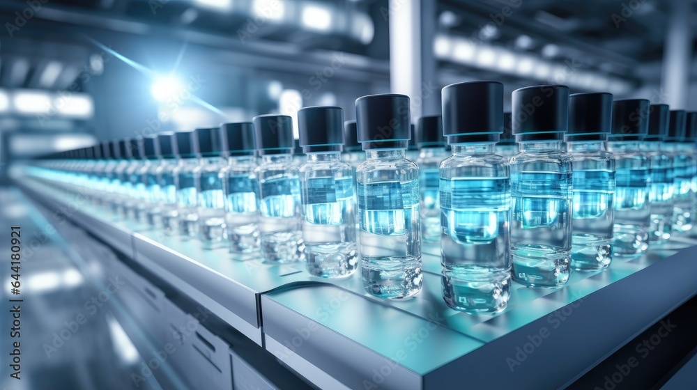 Pharmaceutical excellence, essence of pharmaceutical manufacturing with the smooth flow of medical vials along a modern assembly line.