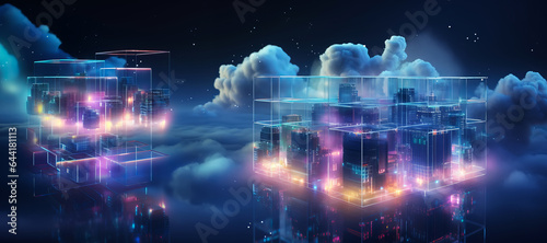 Cloud Data Base Technology concept with blue and pink glowing neon structures on dark banner