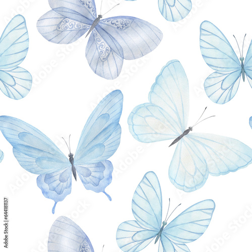 Watercolor seamless pattern with butterflies. Insect print on white background. Hand drawn illustration