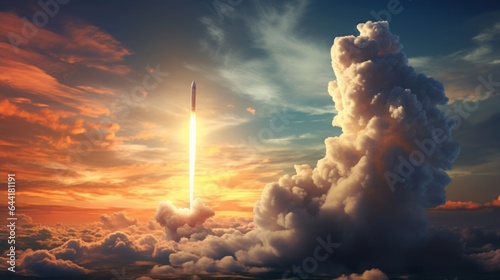 A rocket launching into the sky with clouds in the background