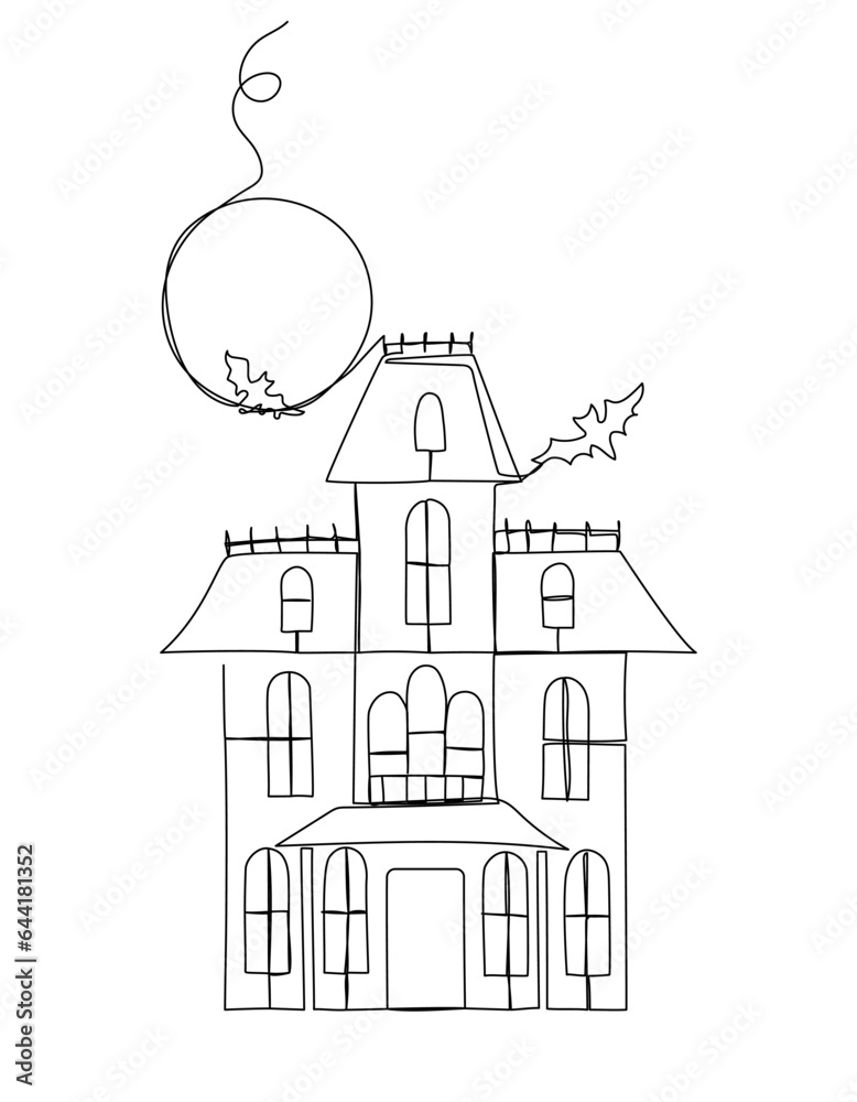 Continuous one line drawing of haunted house. Simple vector illustration