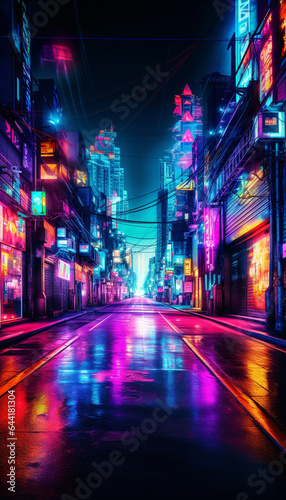 night city street glowing colorful neon made with generative AI