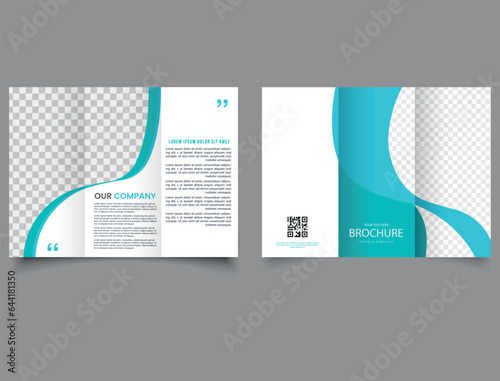 Trifold brochure with blue curved lines. Flyer with a place for a photo.