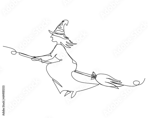 Continuous one line drawing of witch flying on broom. Simple vector illustration