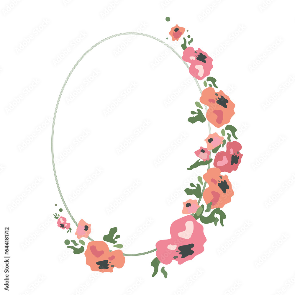 Fototapeta premium frame with flowers, oval frame with simple florets, ready to use flower design for web and invitation