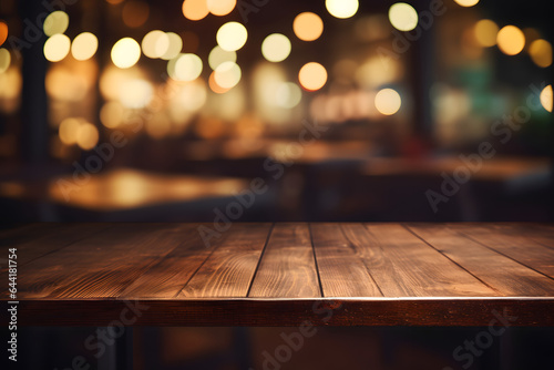Empty wooden table with blurred background with bokeh lights © TypeFairy
