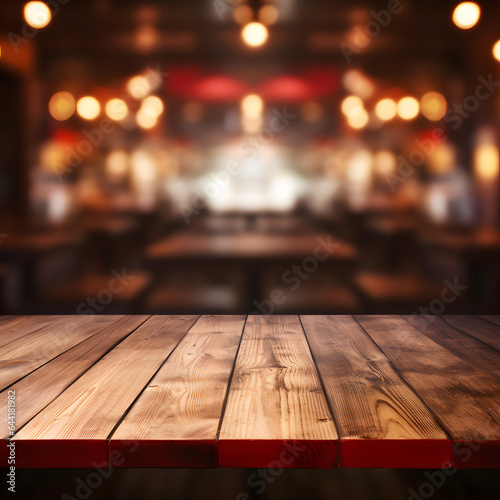 Empty wooden table with blurred background with bokeh lights © TypeFairy