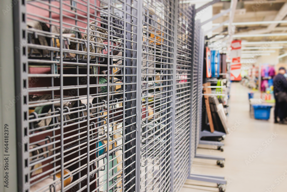 View of empty supermarket shelves, sporting, clothing and household goods store work stoppage closes, sanctions and embargo, panic buying with supplies and goods shortage, deficit concept