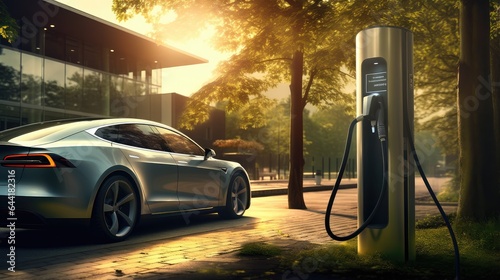Fotografia modern, lightning-fast electric vehicle chargers set in beautiful parkland surroundings