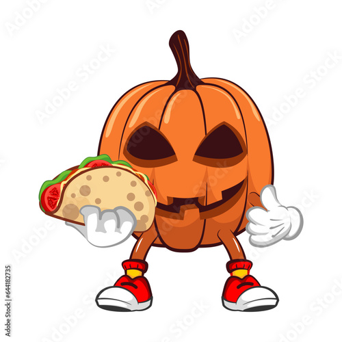 Vector mascot, cartoon and illustration of a halloween pumpkin with a delicious taco and giving a thumbs up sign