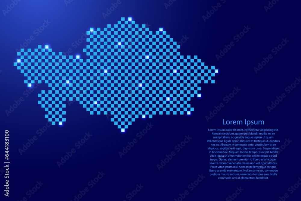 Kazakhstan map from futuristic blue checkered square grid pattern and glowing stars for banner, poster, greeting card