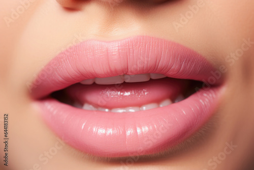 Part of woman face with mouth. Beautiful plump female lips with natural makeup close up. Concept of beauty and cosmetology