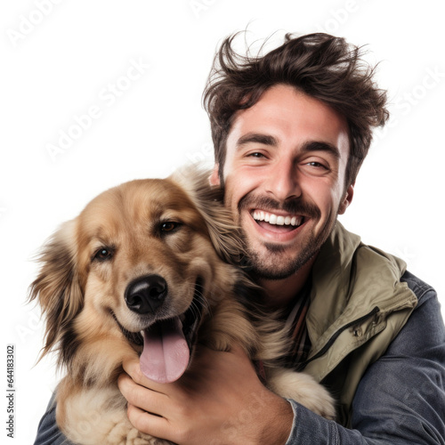 Happy man hugging his dog on white background. Pet care. Male owner has fun with dog, positive emotions © Lazy_Bear