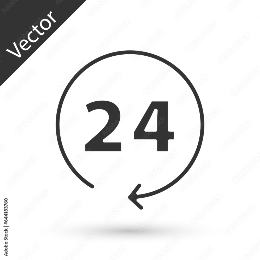 Grey Clock 24 hours icon isolated on white background. All day cyclic icon. 24 hours service symbol. Vector Grey Clock 24 hours icon isolated on white background. All day cyclic icon. 24 hours service symbol. Vector