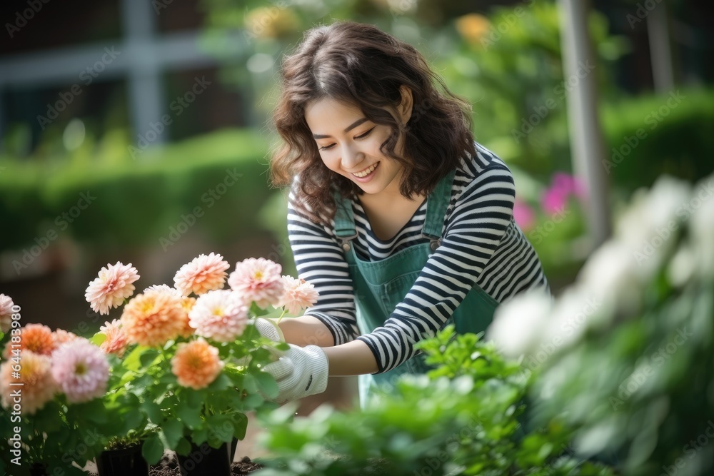 Cheerful woman gardener taking care of a flowers in her garden. Generative AI