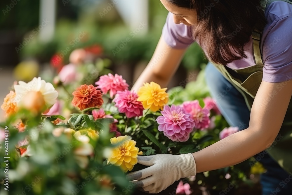 Cheerful woman gardener taking care of a flowers in her garden. Generative AI Cheerful woman gardener taking care of a flowers in her garden. Generative AI