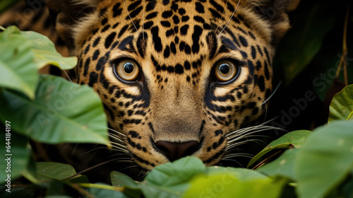 a young jaguar  hiding in the vegetation 
