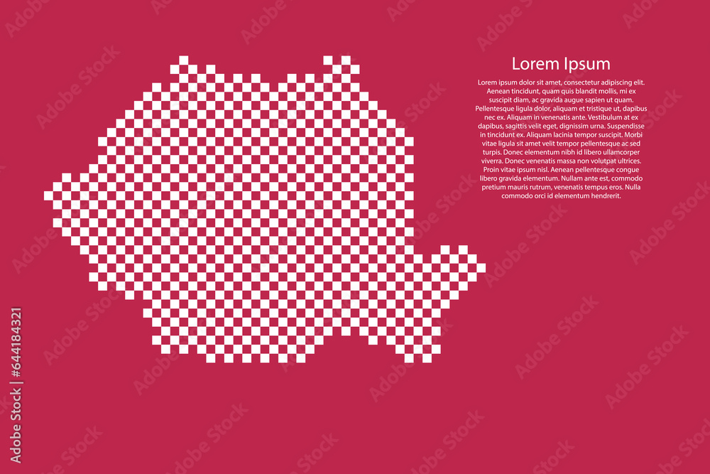 Romania map country from checkered white square grid pattern on red viva magenta background