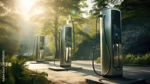 modern, lightning-fast electric vehicle chargers set in beautiful parkland surroundings. © pvl0707