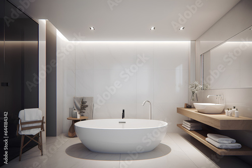 Stylish interior of bathroom in modern luxury house.