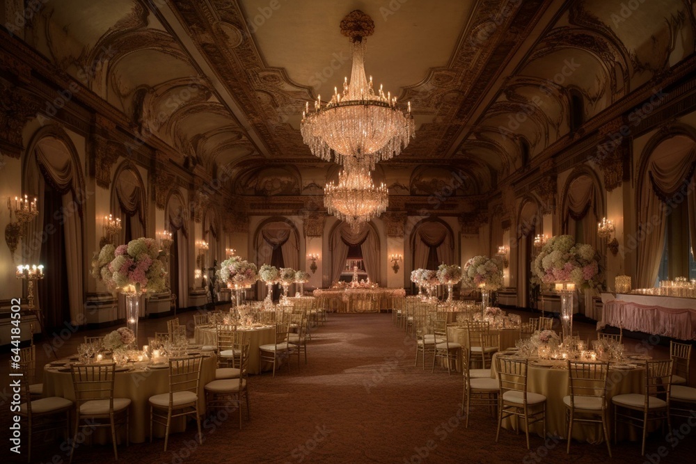 Vintage European grand ballroom adorned with intricate details and luxury. Generative AI